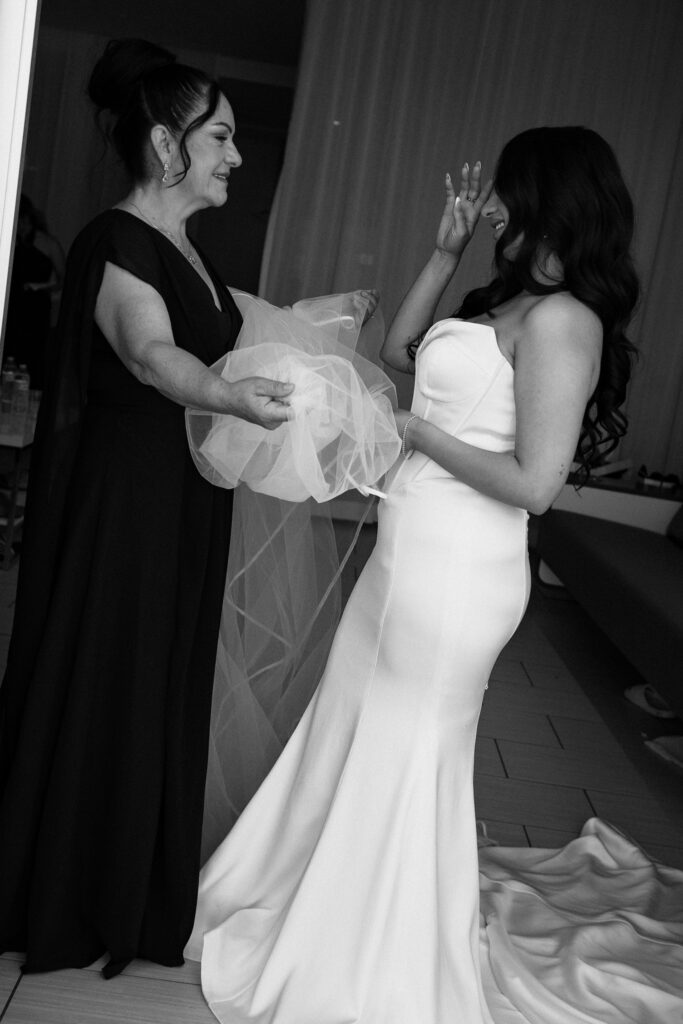 bridesmaid modern portrait session in a minimal wedding dress with her mom.