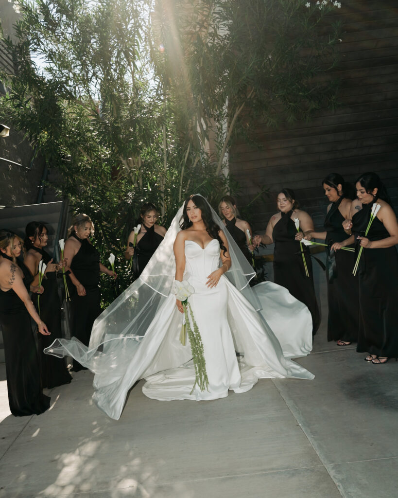 Magazine worthy bridal party and bride portrait session near the london bridge in Arizona.