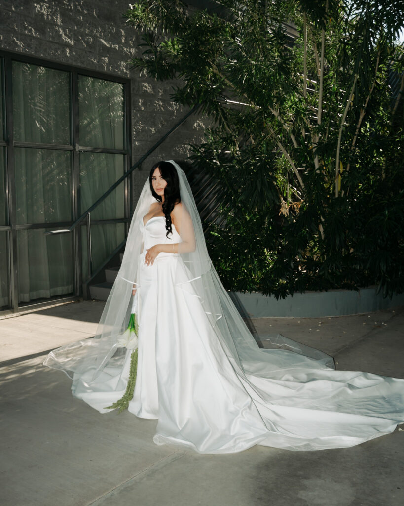 brides modern bridal portrait session in a minimal and elegant wedding dress.