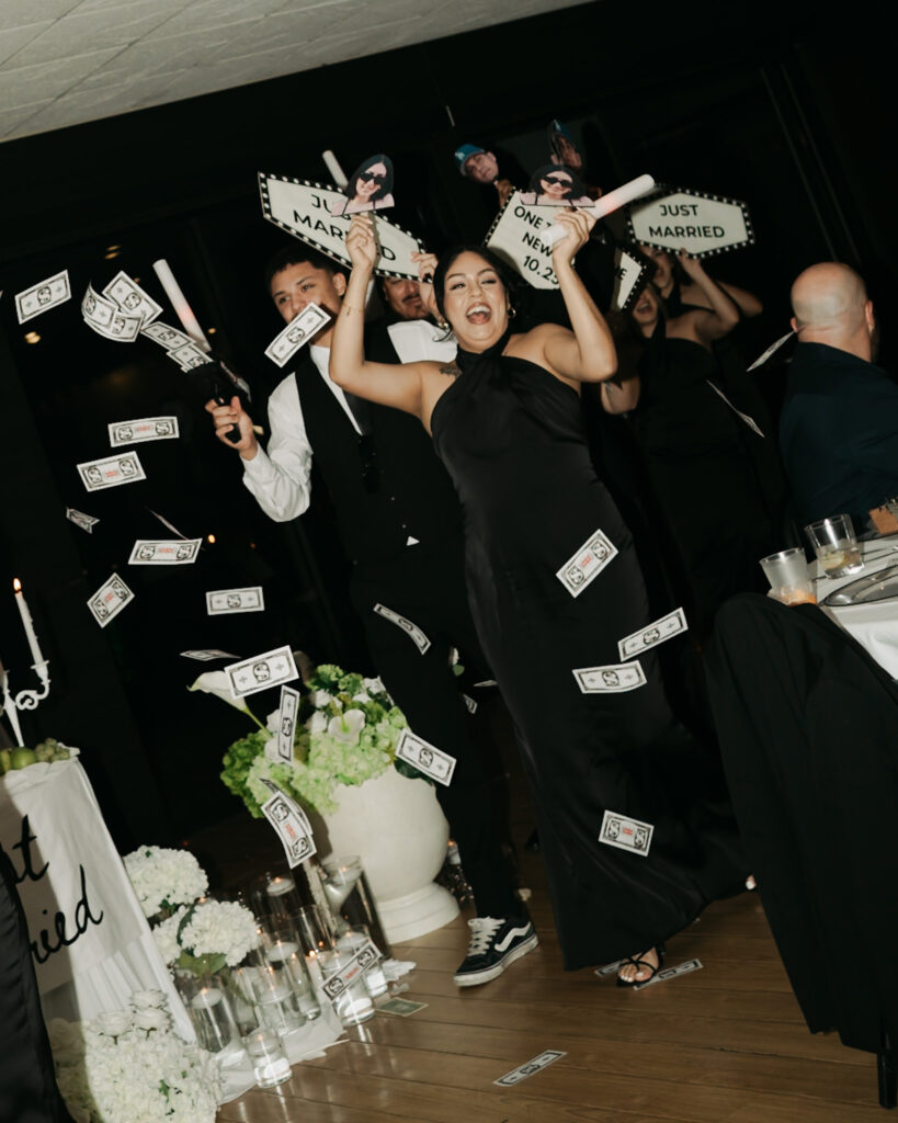 lively wedding reception entrance from the bridesmaids and groomsmen.