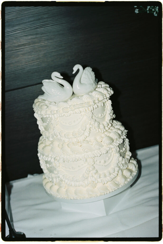 35mm film detail shot of the bride and groom's vintage wedding cake.